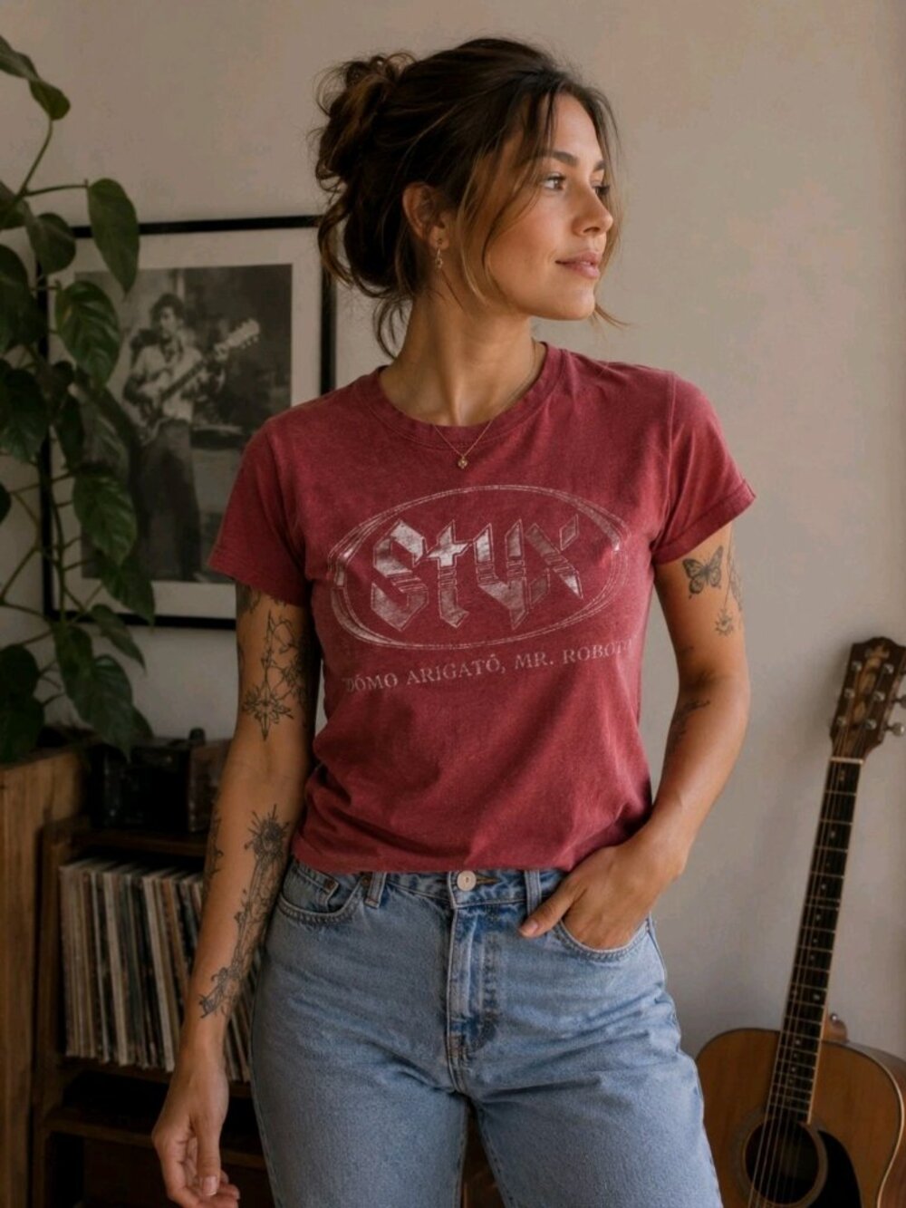 Styx Domo Arigato Mr Roboto logo. Red Heather t-shirt 9/10 blend M